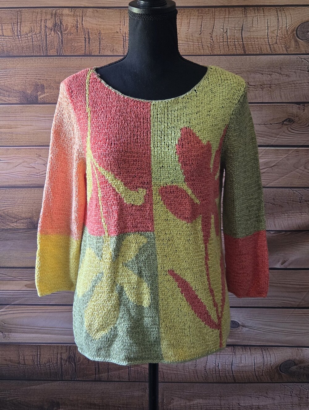 Crazy Horse Womens S Light Loose Knit  Sweater Color Block Floral Boho Beachy